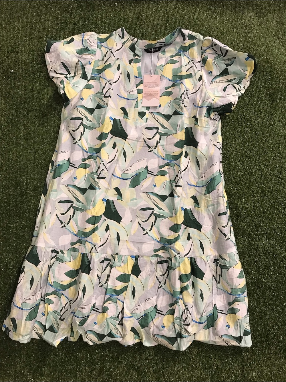 Girls' Leaf Print Ruffle Hem Dress in Mint and Yellow